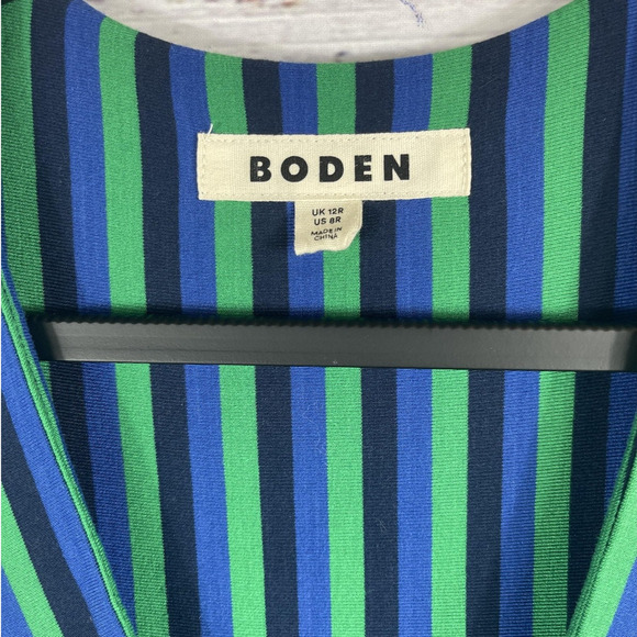 Boden Dress Womens 8 Blue Green Striped V Neck Long Sleeve Midi Fit Flare Jersey - Picture 3 of 8